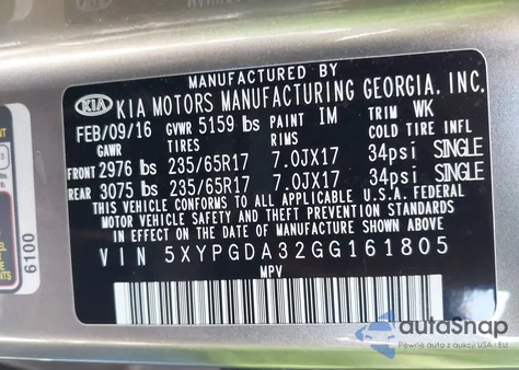 2016 Kia Sorento 2.4L Lx z USA, uszkodzony, nr VIN 5XYPGDA32GG161805